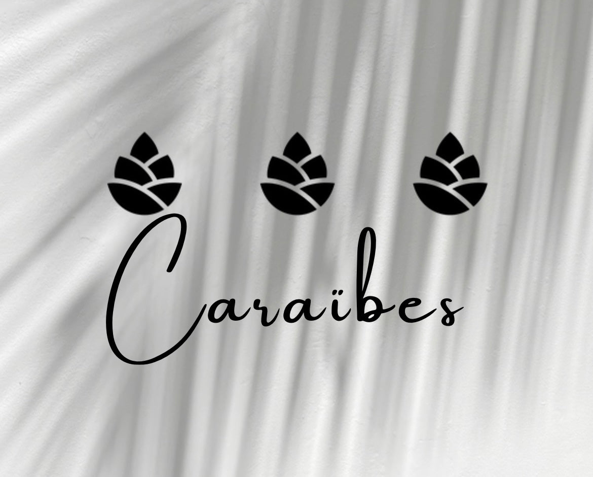 Fond blanc avec des ombres de palmier, inscription du mot caraibes en gros, logo de la marque Belles Des Pins